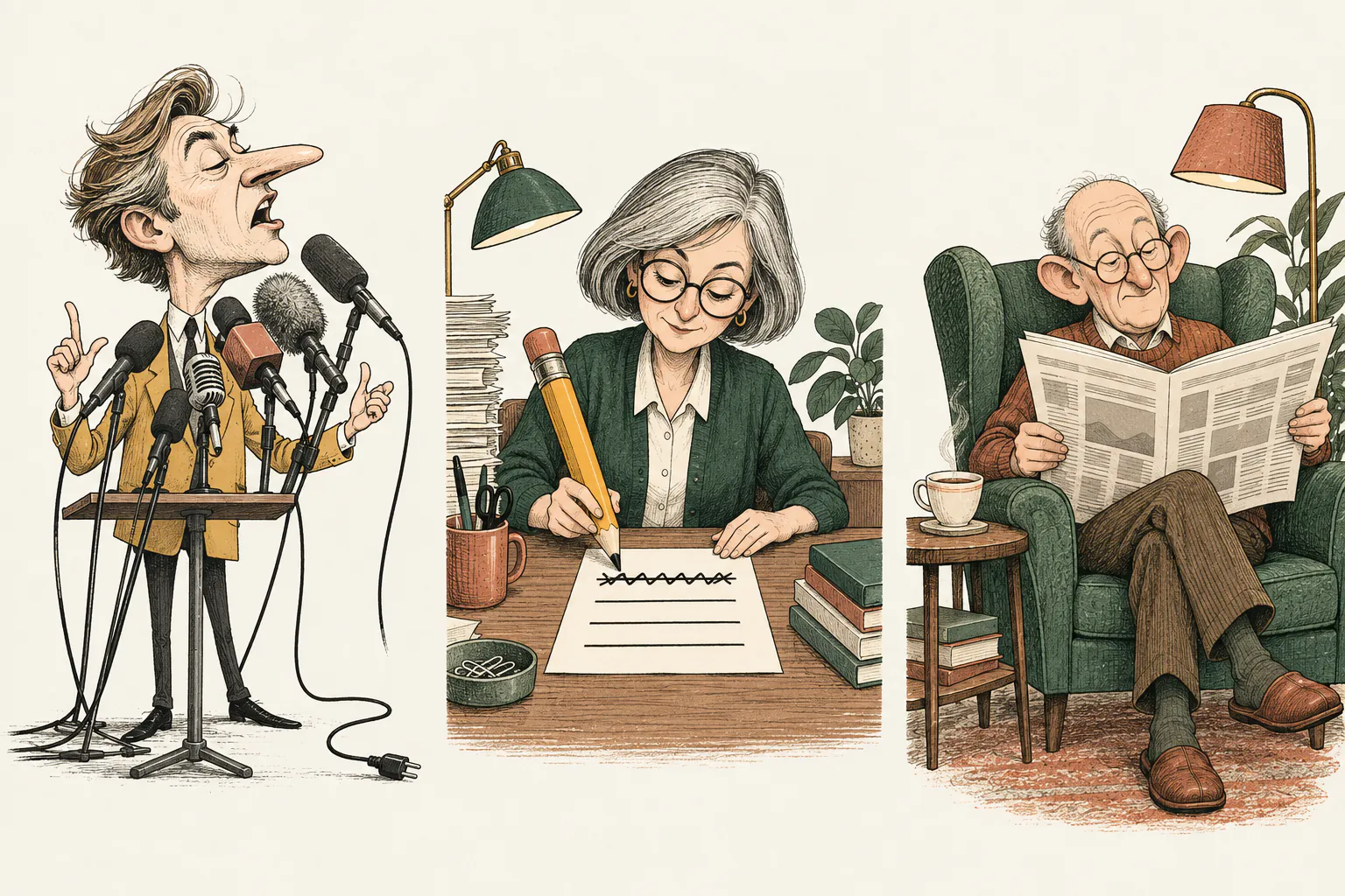 Three drawings side by side: a pundit talking into a cluster of microphones, an editor crossing out a line with a pencil, and an older man reading a newspaper in an armchair.