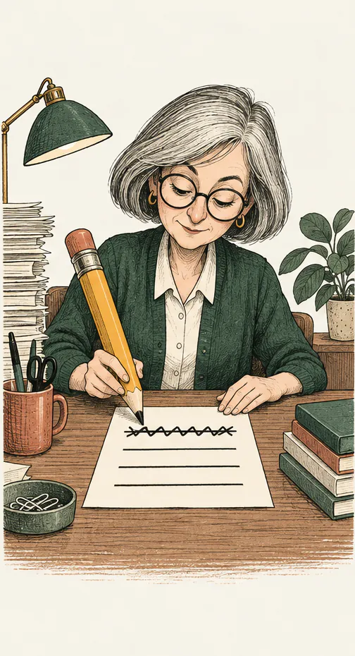 An editor in a green cardigan crosses out one jagged line on a page with a pencil as long as her forearm, leaving three straight lines below it.