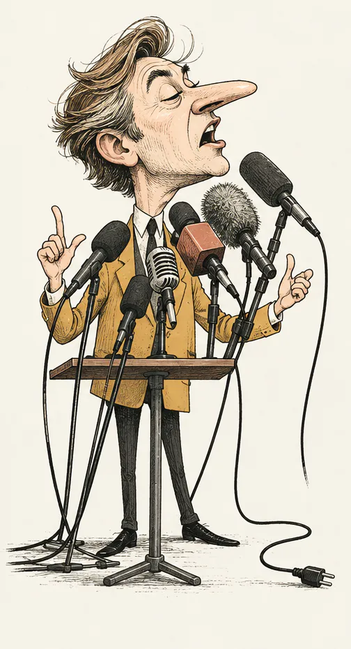 A pundit in an ochre jacket talks into a cluster of microphones. One of the cables lies on the floor, unplugged.