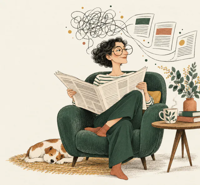 A woman reads a broadsheet in a green armchair, a dog asleep at her feet. Above her, a tangle of ink lines straightens out into three newspaper pages.