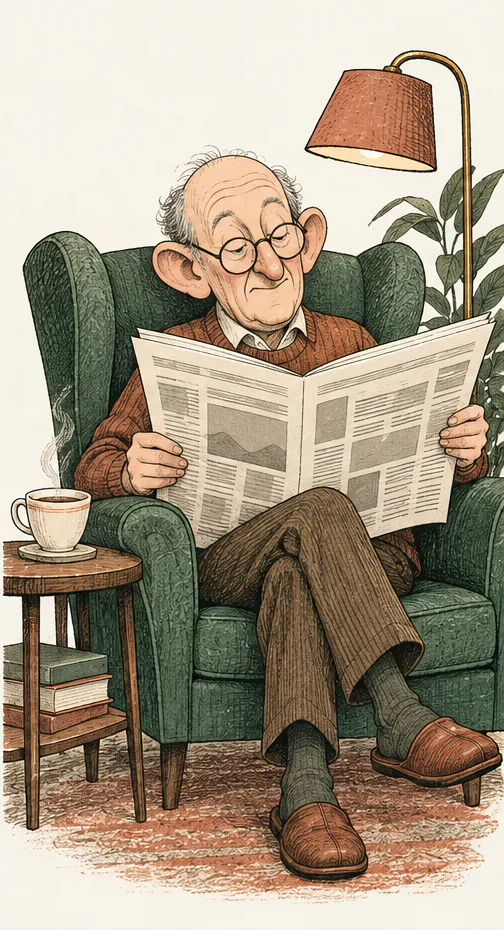 An older man in round glasses reads a newspaper in a green wingback armchair, a cup of tea on the table beside him.